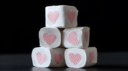 A stack of white toilet paper rolls with pink hearts on them, against a black background, in the style of a stock photo