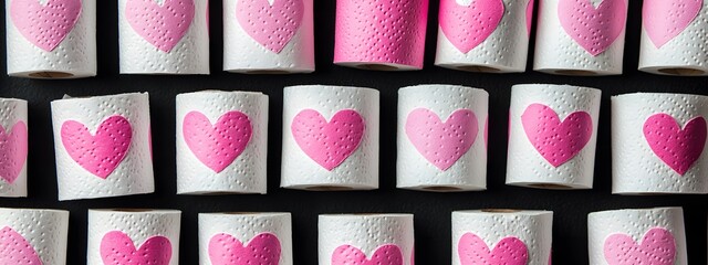 A stack of white toilet paper rolls with pink hearts on them, against a black background, in the style of a stock photo