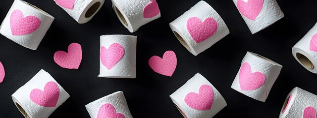 A stack of white toilet paper rolls with pink hearts on them, against a black background, in the style of a stock photo