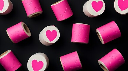 A stack of white toilet paper rolls with pink hearts on them, against a black background, in the style of a stock photo