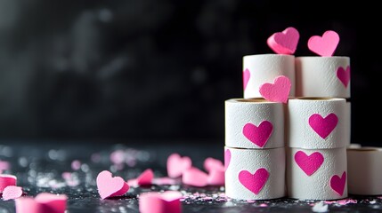A stack of white toilet paper rolls with pink hearts on them, against a black background, in the style of a stock photo