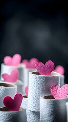 A stack of white toilet paper rolls with pink hearts on them, against a black background, in the style of a stock photo