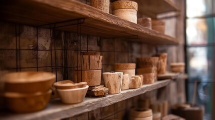 Fototapeta premium Rustic Vintage Pottery and Ceramics Displayed on Wooden Shelves in Old Traditional Kitchen