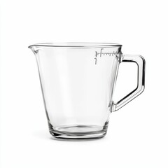 Empty clear glass measuring pitcher with handle.