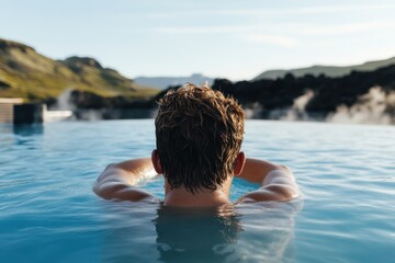 A tranquil view of a man resting in a geothermal pool at dusk, emphasizing the connection between nature and personal reflection, embodying peace and relaxation.