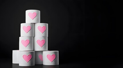 A stack of white toilet paper rolls with pink hearts on them, against a black background, in the style of a stock photo