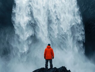 Obraz premium Trekker standing at the base of a majestic waterfall nature adventure photography scenic environment dramatic viewpoint exploration concept for seo impact