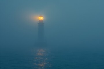 Lighthouse Shining Through Thick Fog at Night