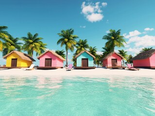 Tropical island paradise featuring colorful beach shacks and hammocks beautiful coastline travel photography serene environment vibrant viewpoint relaxation concept for vacation dreams