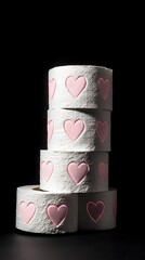 A stack of white toilet paper rolls with pink hearts on them, against a black background, in the style of a stock photo