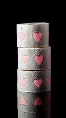 A stack of white toilet paper rolls with pink hearts on them, against a black background, in the style of a stock photo