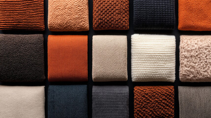 Fototapeta premium Collection of various textured fabric samples in different colors, arranged in a square grid with a focus on textures and patterns