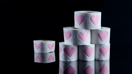 A stack of white toilet paper rolls with pink hearts on them, against a black background, in the style of a stock photo