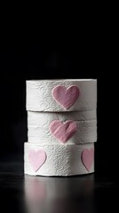 A stack of white toilet paper rolls with pink hearts on them, against a black background, in the style of a stock photo
