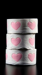 A stack of white toilet paper rolls with pink hearts on them, against a black background, in the style of a stock photo