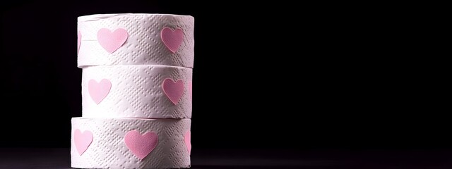 A stack of white toilet paper rolls with pink hearts on them, against a black background, in the style of a stock photo