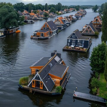 Aerial view of floating houses and boats on river  Scheendijk  The Netherlands.