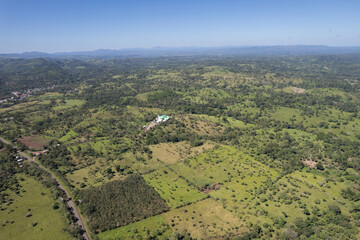 Small farm in green landscape background