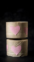 A stack of white toilet paper rolls with pink hearts on them, against a black background, in the style of a stock photo
