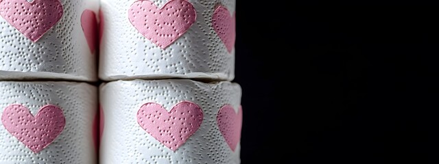 A stack of white toilet paper rolls with pink hearts on them, against a black background, in the style of a stock photo