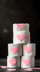 A stack of white toilet paper rolls with pink hearts on them, against a black background, in the style of a stock photo