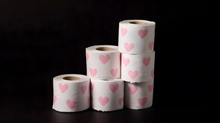 A stack of white toilet paper rolls with pink hearts on them, against a black background, in the style of a stock photo