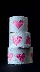 A stack of white toilet paper rolls with pink hearts on them, against a black background, in the style of a stock photo