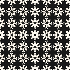 Simple vector floral seamless pattern with ethnic folk motifs. Abstract monochrome geometric ornament texture with stylized flowers, repeat tiles. Black and white background. Repeatable design