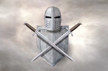 knight's helmet shield and two swords