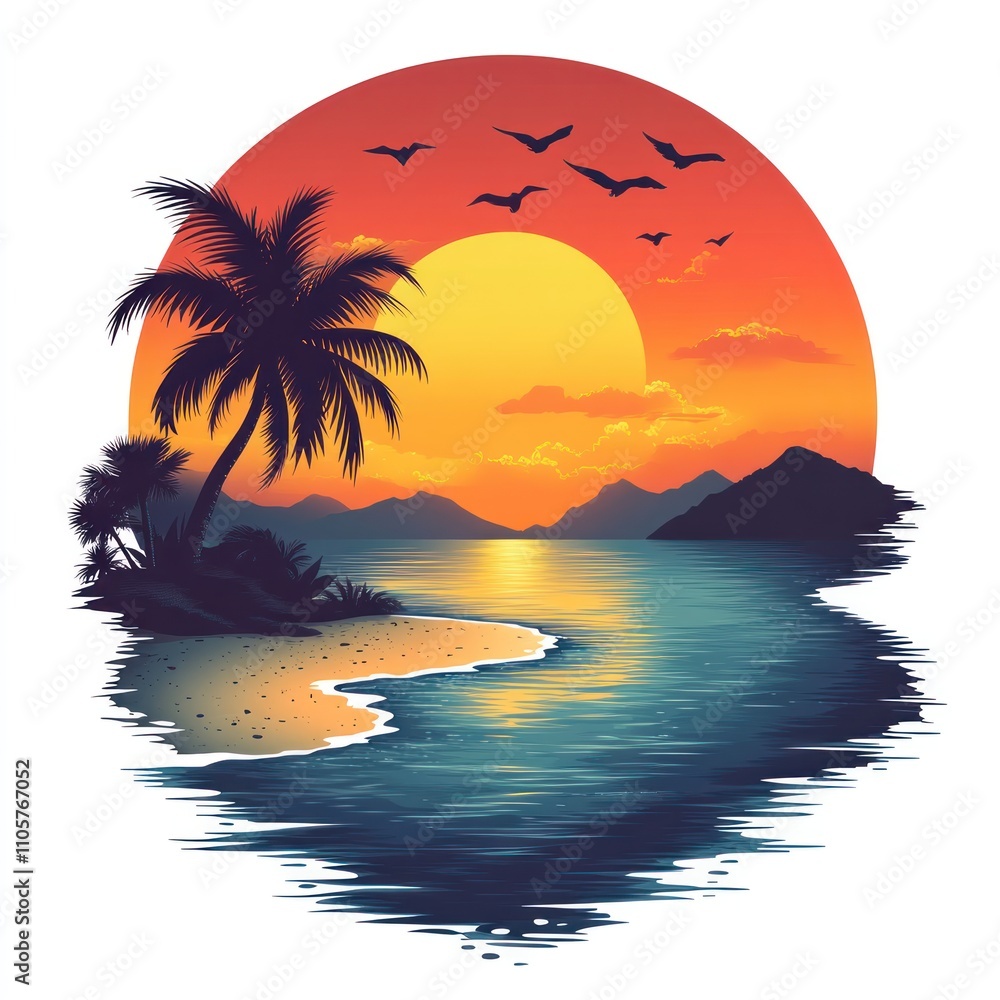 Poster here's a description and keywords for your image.. tropical sunset over serene beach with palm tree 
