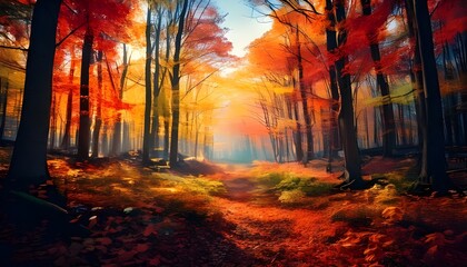 Eternal autumn forest surrounded by colorful foliage, a colorful nice illustration picture with the beauty of nature.