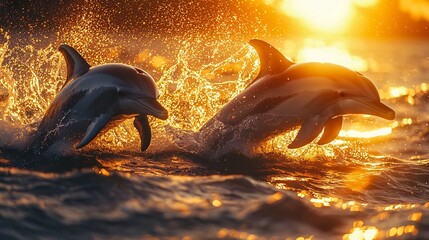 Dolphins Leaping Through Vibrant Sunset Over Tranquil Ocean Waves