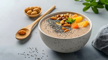 Vibrant Smoothie Bowl with Fresh Fruits and Chia Seeds Topped with Almonds, Perfect for a Healthy Breakfast or Snack Time