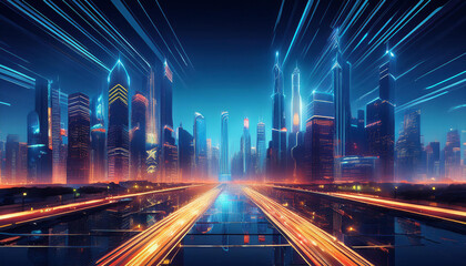Nighttime view of a technologically advanced city with sleek