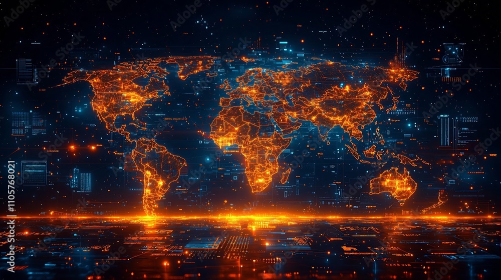 Poster glowing global communication network world map with connected major cities symbolizing data transfer