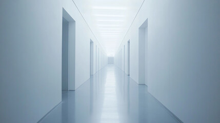 Obraz premium Long white corridor with doors leading to unknown spaces in a minimalist setting