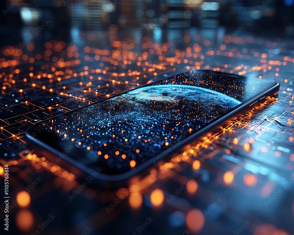 Poster futuristic floating smartphone projecting holographic earth with glowing global communication signal