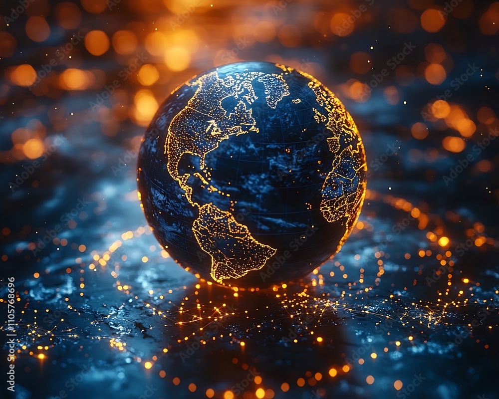 Poster floating holographic globe projecting global communication network