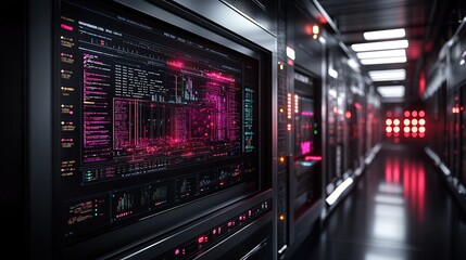 Fototapeta premium A high-tech server room with glowing screens displaying data and analytics.