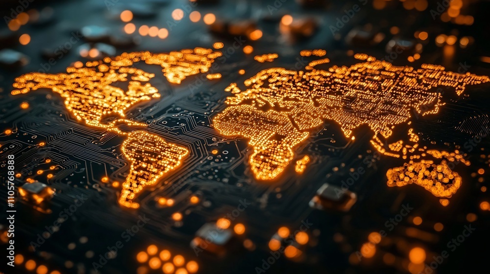 Poster glowing circuit board map of the world symbolizing global communication technology