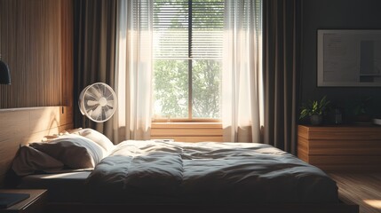 Cool and calming bedroom with fan and blackout curtains