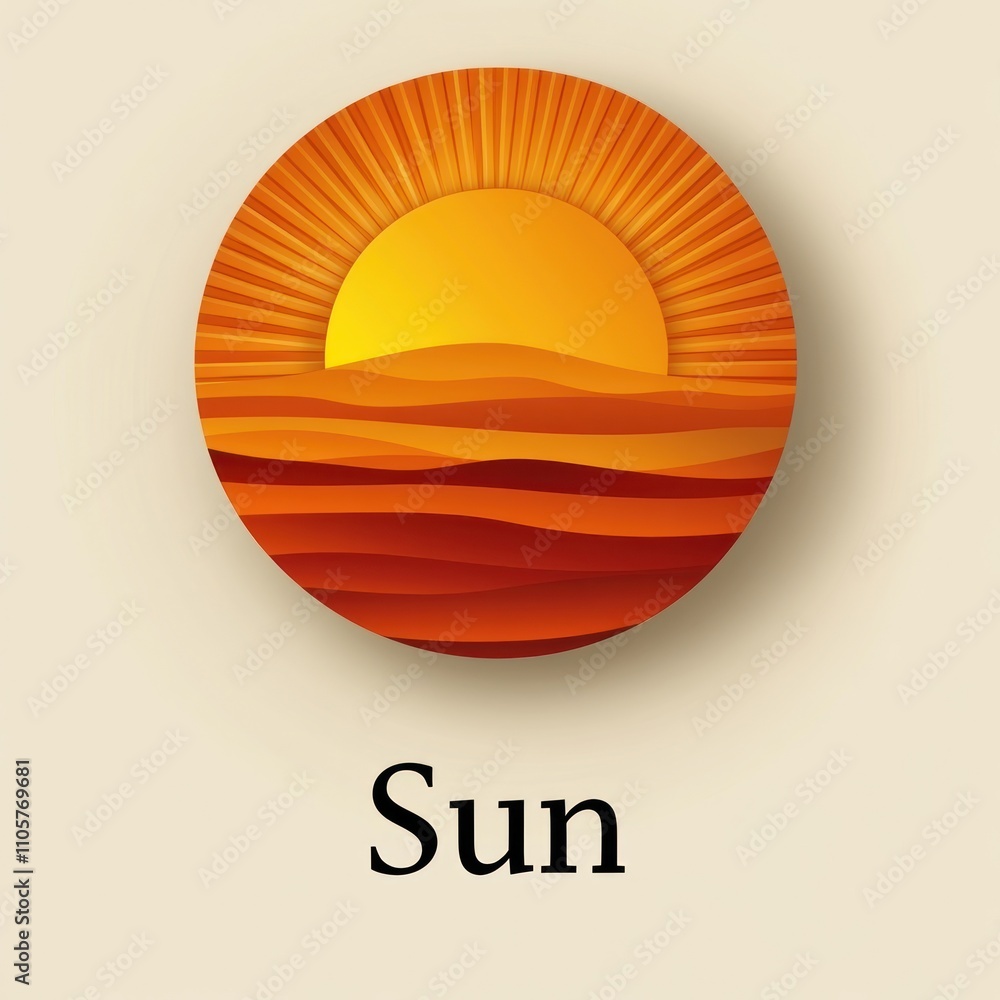 Poster here's a possible and keyword list for your image.. circular sunset design with layered sun and dese