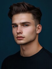 portrait of a young man with a serious look and a fashionable haircut on a dark blue background