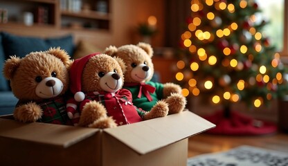 Festive teddy bears in colorful outfits sitting in a gift box with a Christmas tree in background