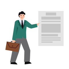 Obraz premium Businessman with a document. Vector simple color flat illustration.