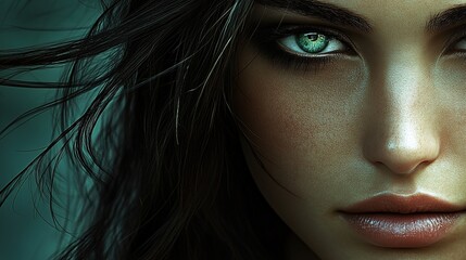 Fototapeta premium A captivating close-up portrait of a serene woman with long black hair, showcasing her beauty and tranquility. This image perfectly encapsulates the essence of calmness and grace, making it ideal for 