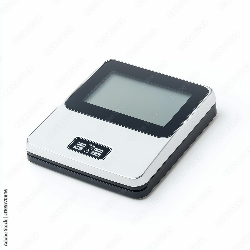 Poster rectangular device with screen, buttons, and sleek design.