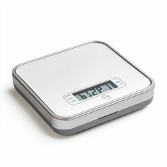 Square digital scale displays weight; gray, silver.