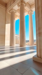 Fototapeta premium The entrance of the Parthenon, a view from inside looking out at columns with light and shadow on them