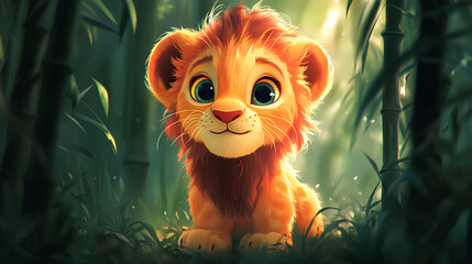 A cute, animated lion cub with bright eyes in a lush, green forest setting.